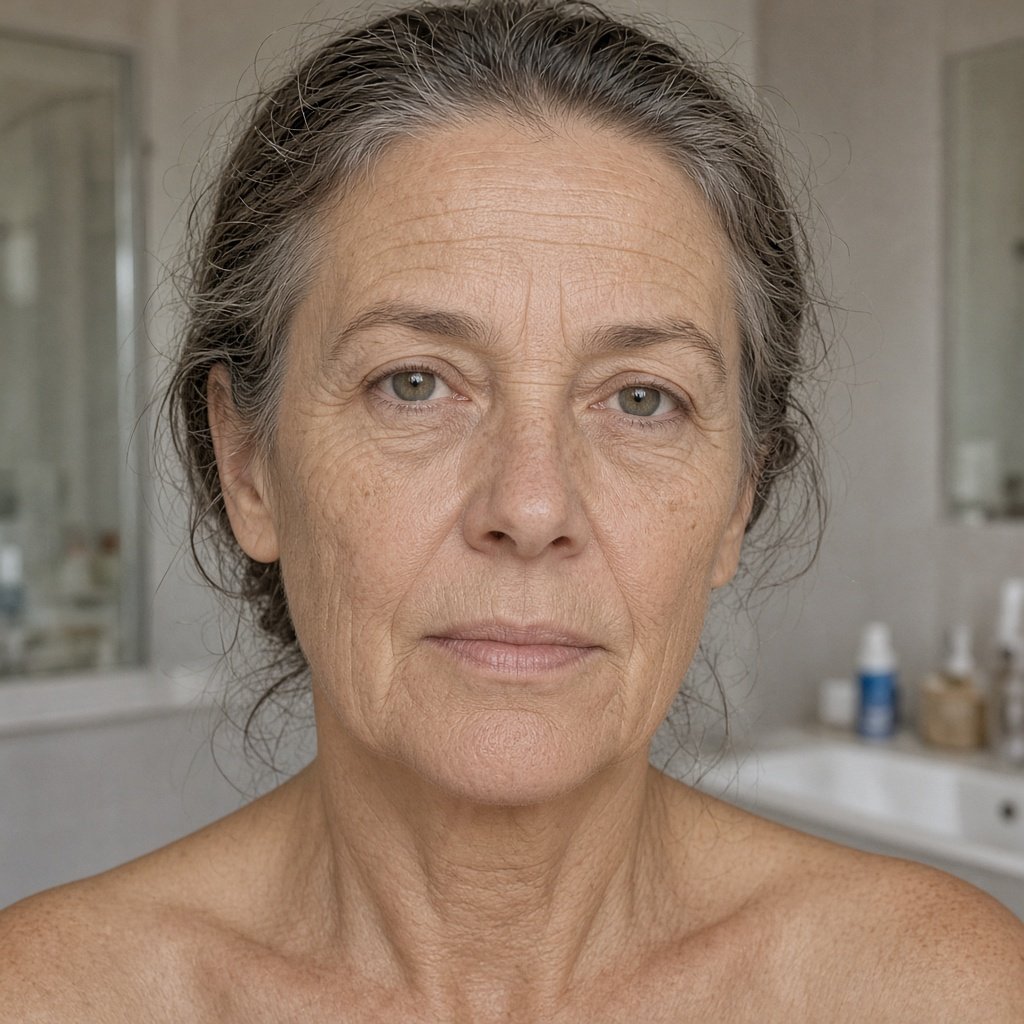 Margaret before, wrinkled, tired skin at 52